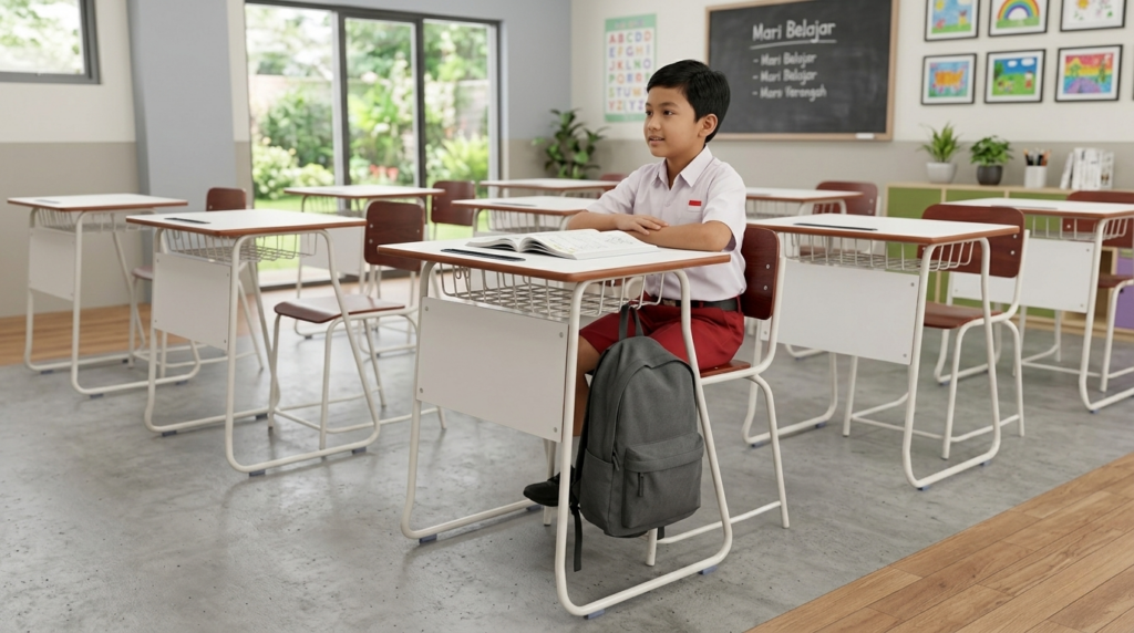 Kid Sitting On Classroom Chair and Desk